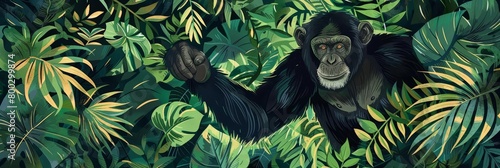A chimpanzee swings through a kaleidoscope of jungle leaves, each movement a brushstroke of green, kawaii water color