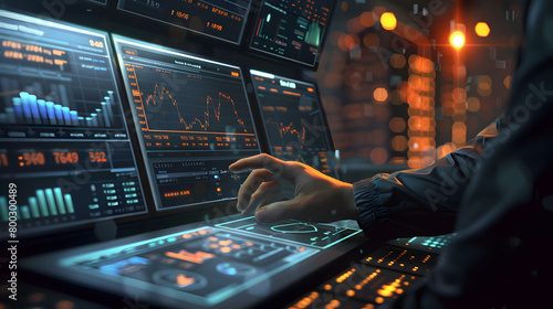 Financial day trading professional at work, surrounded by multiple computer screens displaying real-time stock market data and graph charts