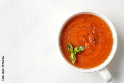 White bowl with tomato soup isolated on white background top view Spanish gazpacho