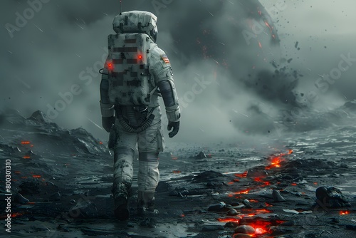 Futuristic Astronaut Exploring a Volcanic Alien Terrain