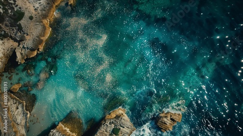Aerial photograph showcases the stunning beauty of a rugged coastline where the turquoise sea meets dramatic cliffs.