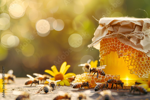 glass jar of honey and bees on the wooden table