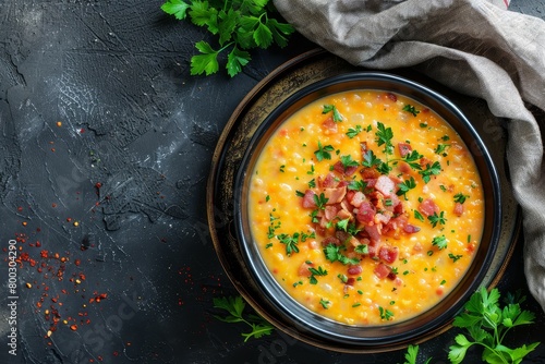 Yellow split pea soup with bacon top view with room for text