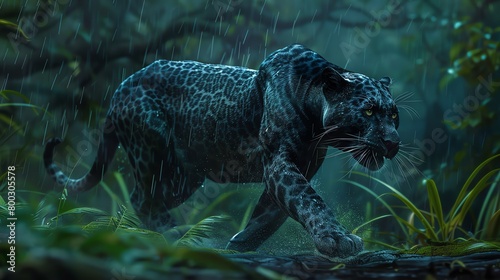 Illustrate a striking long shot of a panther amidst a gentle rain