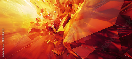 Capture an intense, high-definition image of a geometric pattern with acute angles and sharp edges, rendered in shades of deep red, bright orange, and yellow to suggest rapid motion