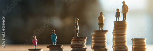 Graduated coin stacks and toy figures in various sizes depict financial growth stages and personal wealth development
