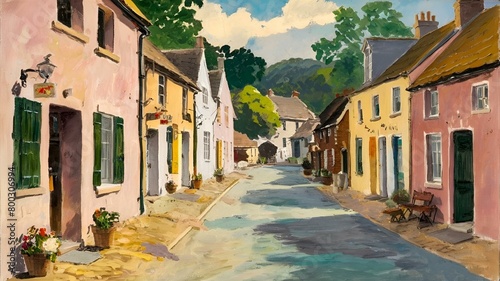 AI generated illustration of an oil painting of a rural street with buildings in a town