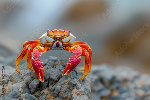 A red crab with claws clings to a rocky beach.