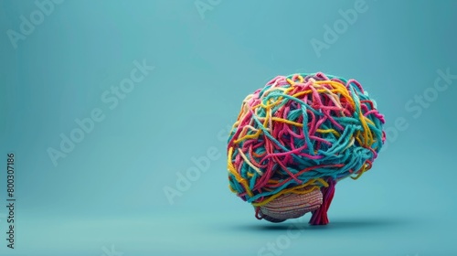 Human brain made of multi-colored tangled threads generative ai
