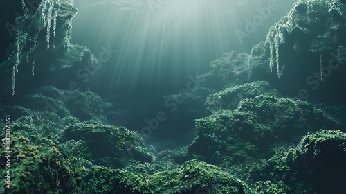 Underwater sunlight landscape background with sea plants and algae.