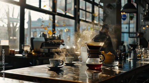The aroma of freshly brewed coffee wafts through the cafe, inviting passersby to pause and savor a moment of warmth and flavor, background concept