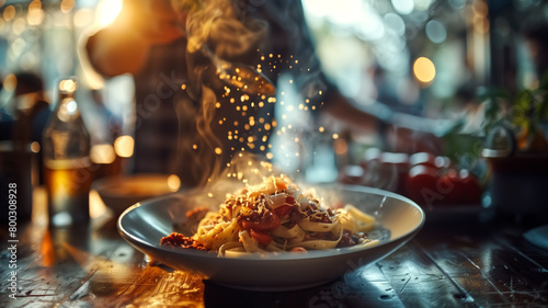 A delectable hot pasta dish being sprinkled with cheese, captured in a warm, inviting diner atmosphere with ambient lighting. 