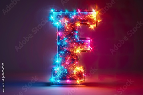Letter F - colorful glowing outline alphabet symbol on blue lens flare isolated white background background