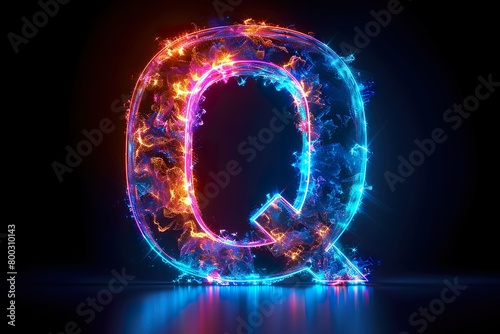 Letter Q - colorful glowing outline alphabet symbol on blue lens isolated white background