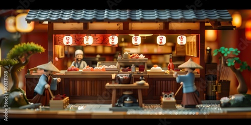 Miniature concept. Japanese restaurante. Sushi bar.