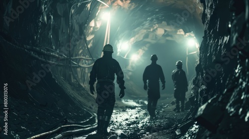 Miners with helmets walking in an underground tunnel generative ai