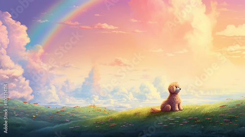 crafts an enchanting scene where a dog frolics joyfully in a field, its fur ruffled by a gentle breeze while colorful clouds form a mesmerizing rainbow in the sky.minimalist