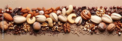 Variety of nuts displayed on a neutral background with generous space for creative text placement
