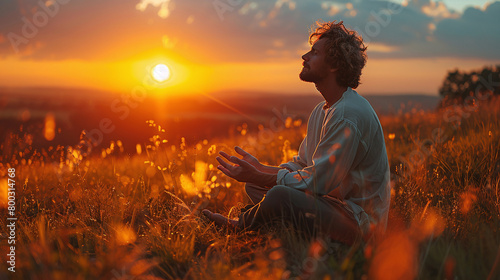 side view of man meditating and prating in a field of flowers on a beautiful sunset, faith in god and jesus christ