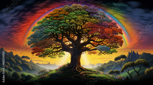 the spectacle of a majestic tree, its voluminous canopy teeming with fruits, rising against the backdrop of a velvety black sky, with a radiant rainbow adding a touch of magic to the scene.