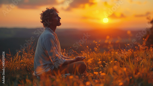 side view of man meditating and prating in a field of flowers on a beautiful sunset, faith in god and jesus christ
