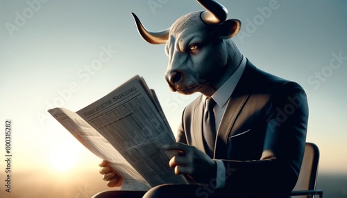 A bull wearing a suit is reading the financial newspaper.