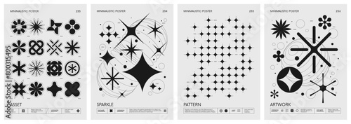 Brutalist style vector minimalistic Posters with silhouette basic figures, Retro futuristic graphic elements of geometrical shapes rave composition, Modern monochrome print artwork, set 59