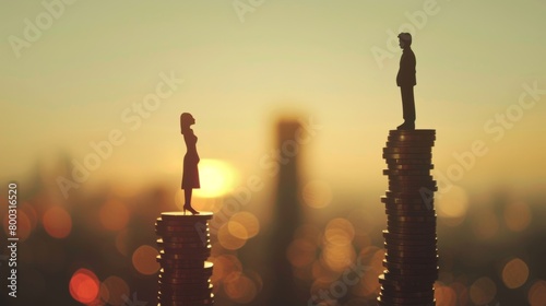 Silhouettes of a man and woman on separate stacks of coins against a sunset cityscape.