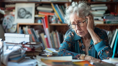 a senior woman at her home office looking overwhelmed and holding her head