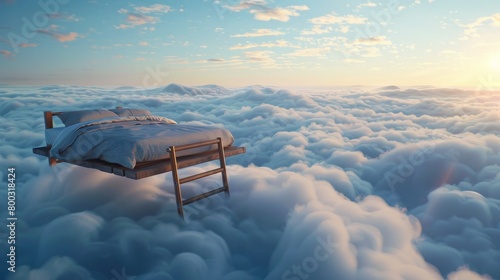 a floating bed on a dense cumulus cloud a rustic ladder positioned alongside