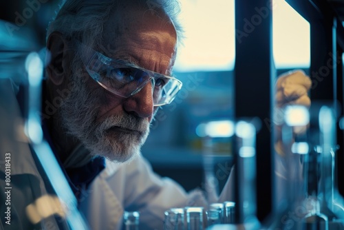 Senior male researcher carrying out scientific research in a lab shallow DOF; color toned image