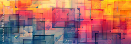 High-definition image of a layered geometric matrix of squares and rectangles, with a color palette ranging from the soft hues of dusk to vibrant sunset oranges