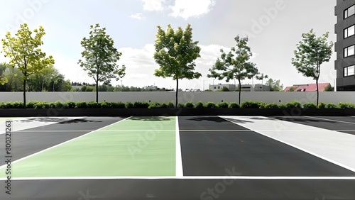Empty parking lot with green markings in convenient city location . Concept City Parking, Urban Location, Green Markings, Convenient, Empty Lot