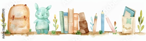 A row of books and a stuffed rabbit are displayed on a shelf. The books are of various sizes and colors, and the rabbit is sitting on top of them. Watercolor painting style.
