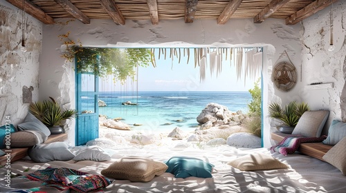 internal cute beach house with bog window, rustic wooden roof, blue windows, wooden porch, white walls with white rough rocks, sand and rocks on the shore, white sun loungers with pillows
