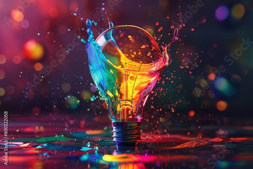 3D lightbulb with splashing colorful liquid, idea concept.