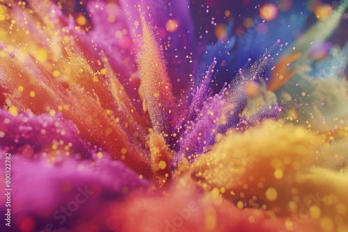 Colored powder bursting in 3D, macro view, rainbow explosion.
