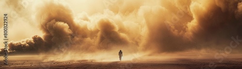 Lone figure facing large dust cloud after desert explosion.