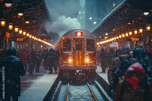 A busy train platform during a snowstorm, with passengers bundled up in winter coats and scarves, steam rising from the locomotive