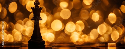 Silhouette of a king chess piece against a background of golden bokeh lights