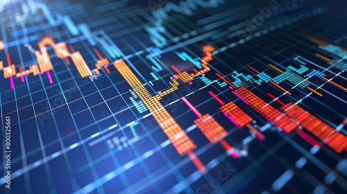 Vibrant stock market graph with 3D bars and multi-colored trend lines. Financial growth, trading analysis, and stock exchange concept for banner, background, and design.