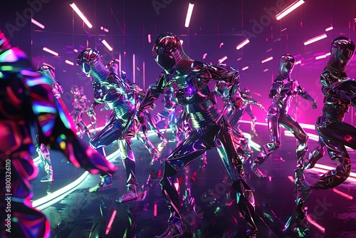 Capture the essence of robotic dance forms in a futuristic setting, featuring sleek metallic dancers with neon accents, moving with precision and fluidity in a digital environment