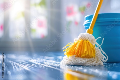 A vibrant mop with yellow strands lies on a reflective floor, hinting at domestic cleaning activities