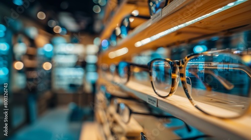Blurry eyeglasses display in a modern optician store with blue lighting. Selection of designer frames for prescription lenses