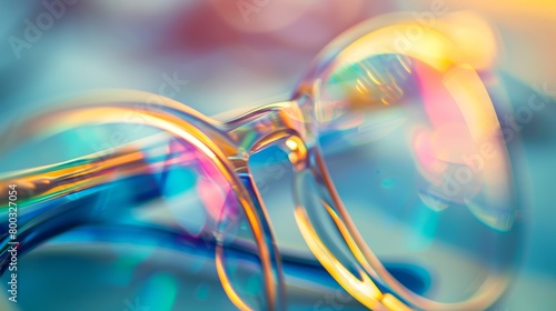 Macro shot of transparent eyeglasses with multicolored reflections. Optical eyewear detail with artistic bokeh