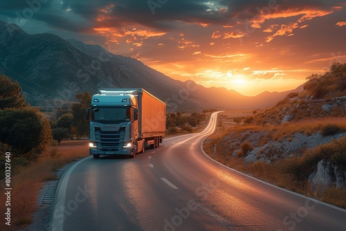 A long-haul trucker guiding a massive rig through a desolate desert highway at sunset, the road stretching infinitely ahead