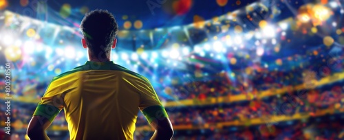 Football, un homme de dos regardant le stade, portant un maillot jaune et vert, image avec espace pour texte.
