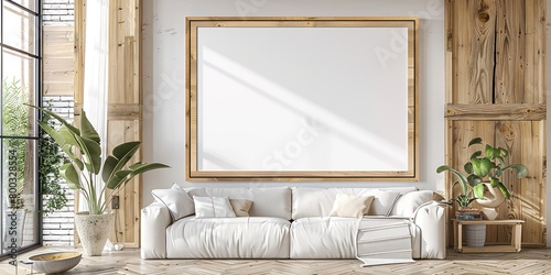 Salon minimaliste avec canapé et cadre vierge sur le mur, sol en bois, couleur blanche, lumière naturelle provenant de la fenêtre, plante dans le coin, décoration d'intérieur élégante.