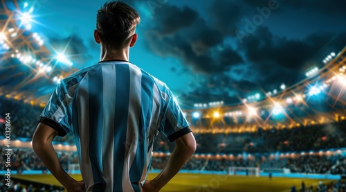 Football, un homme de dos regardant le stade, portant un maillot à bandes blanches et bleues, image avec espace pour texte.