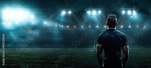 Rugby, un homme de dos regardant le stade, portant un maillot vert, image avec espace pour texte.